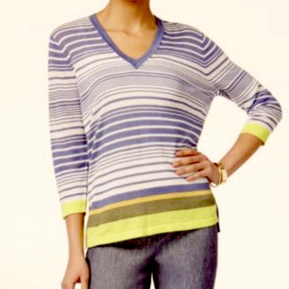 Anne Klein linen blend V neck blue white yellow stripe sweater large